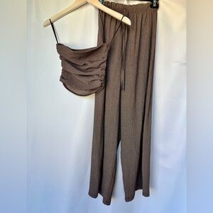 Zara Chocolate Brown Ruched Bandoo top & pant set - outfit Small